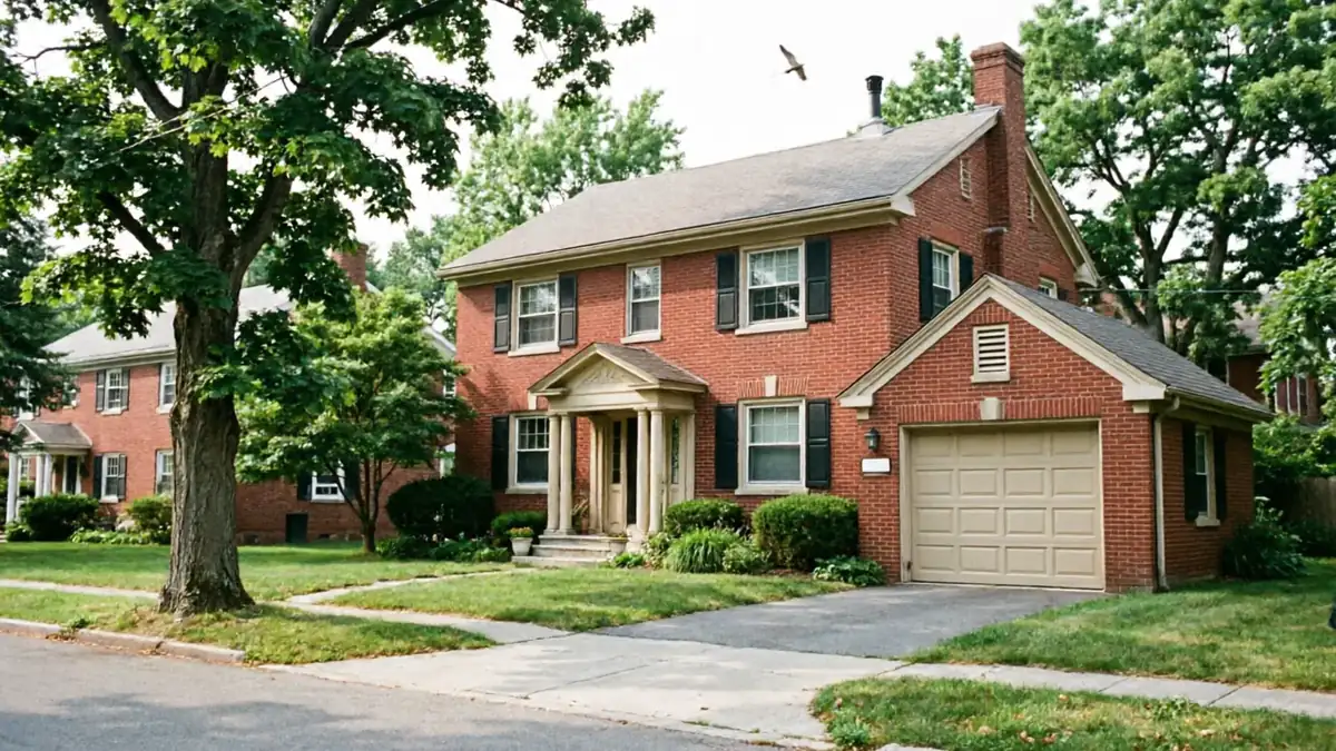 A red brick house with a beige garage door and black shutters.