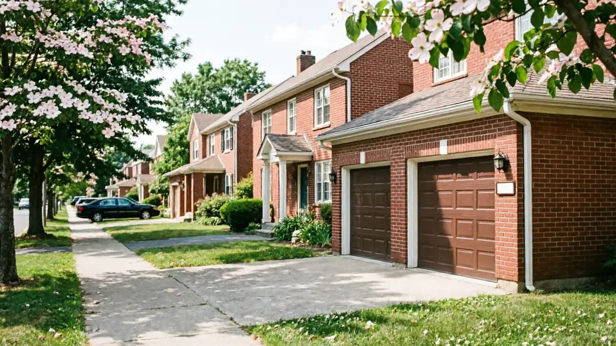 Two brown garage doors on a brick house with a sidewalk and trees.