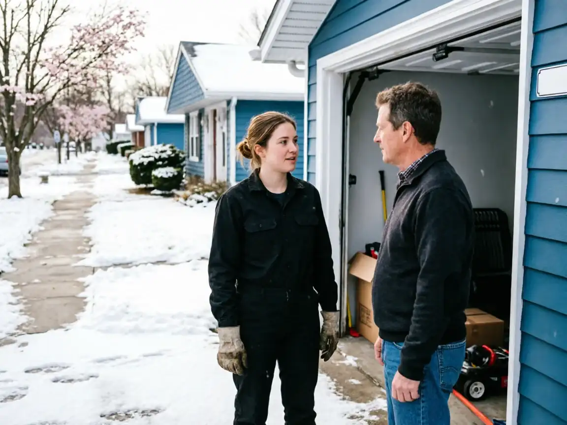A technician in work clothes talks to a man in front of a blue house with an open garage.