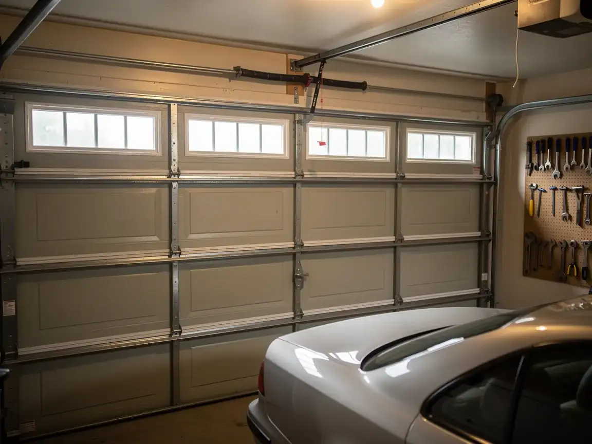 A closed garage door with windows and a white car parked inside.
