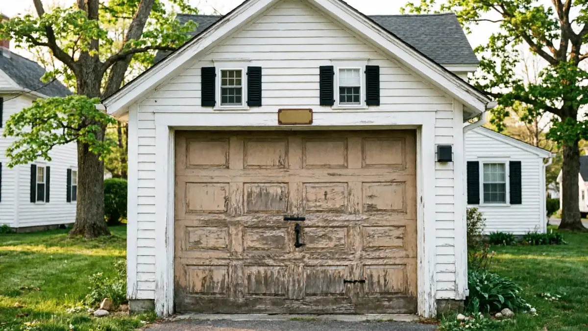 A white garage with a peeling wooden garage door and black shutters.