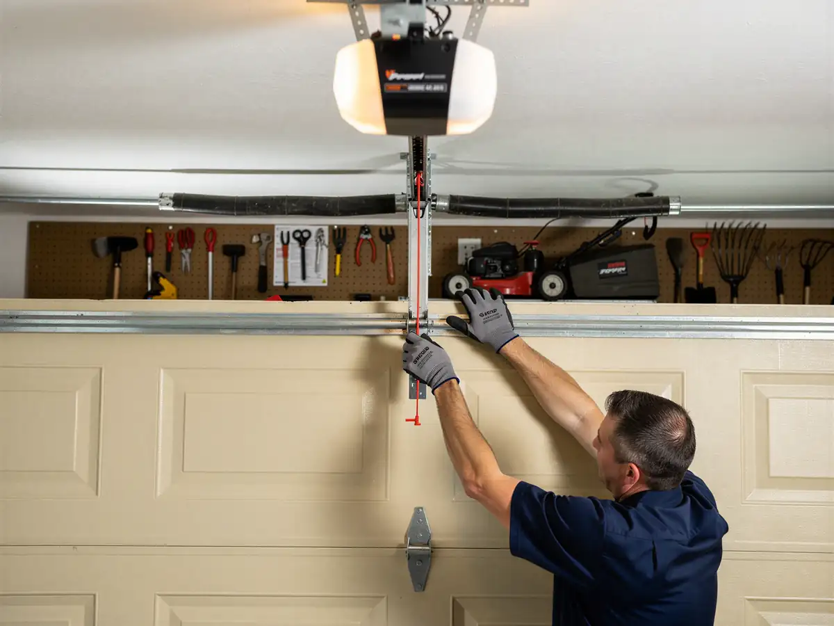 A technician in a blue shirt and gloves works on a garage door opener.