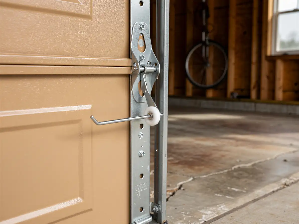 A tan garage door is open, showing a roller and track with a concrete floor.