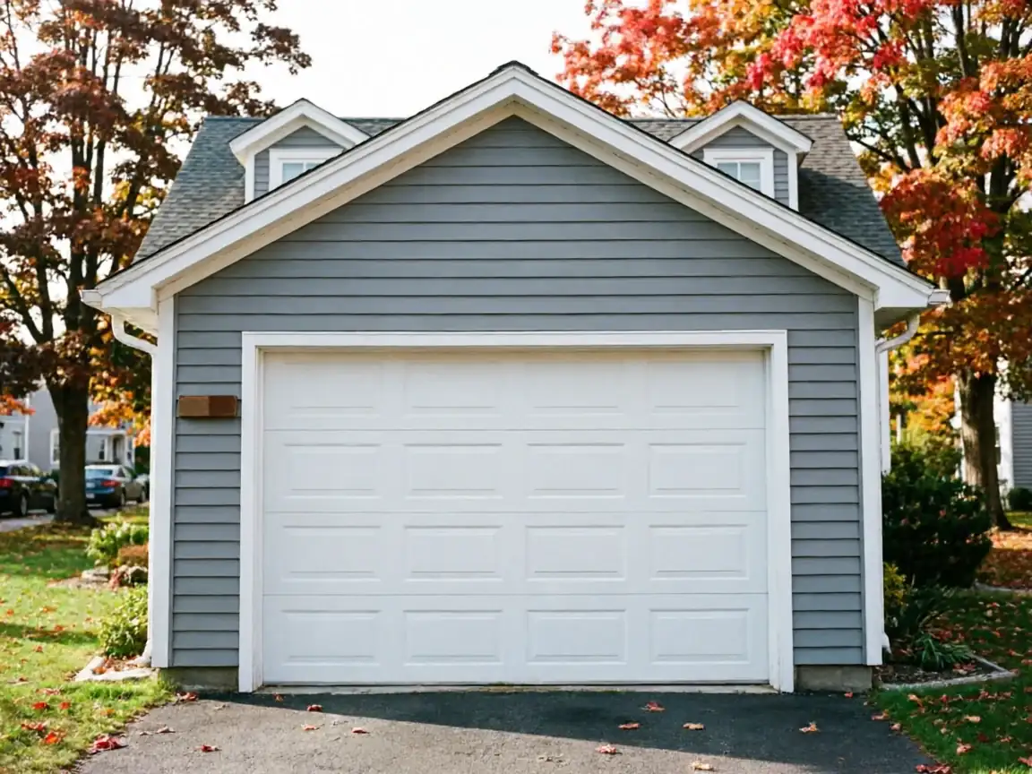 A white garage door is on a gray detached garage with dormer windows.