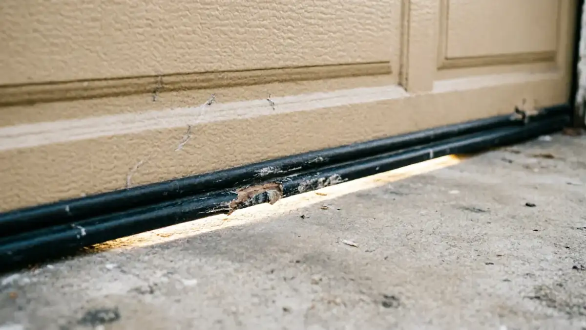 The garage door bottom seal is damaged, letting light show through.