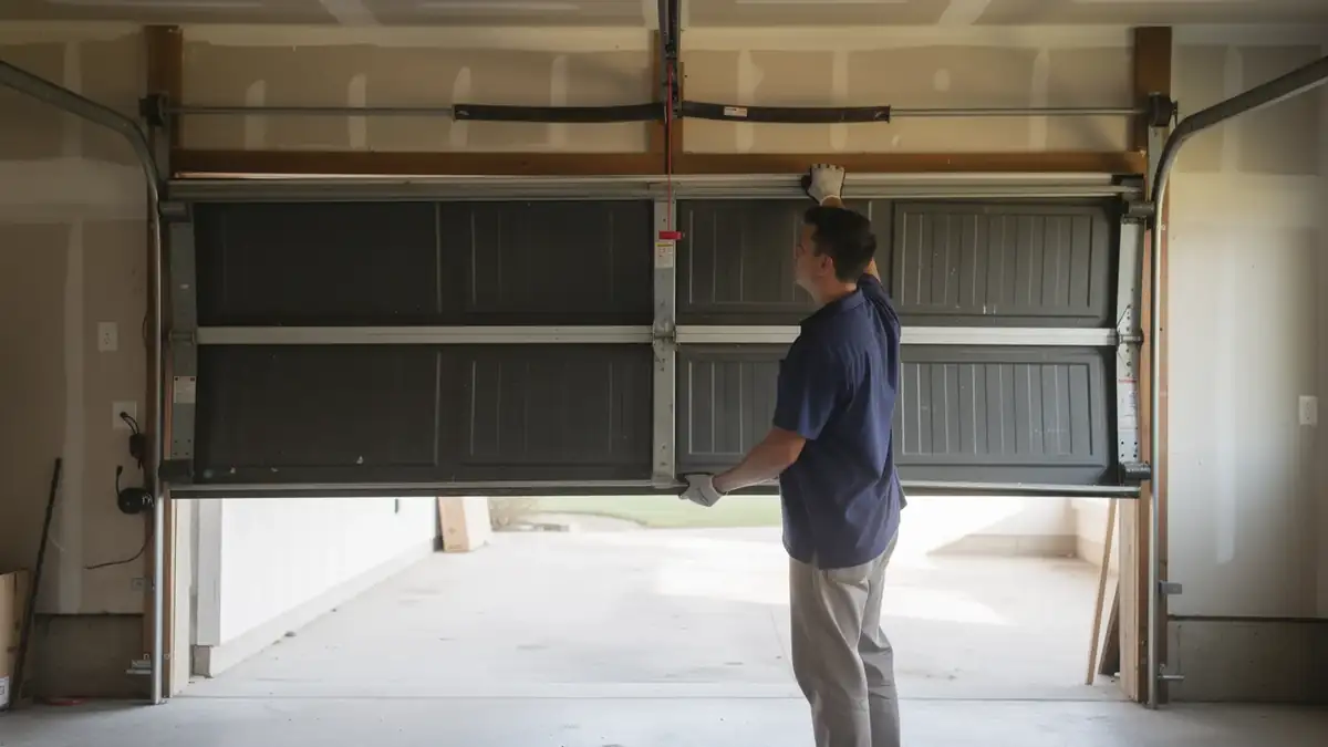 A technician wearing gloves is working on a dark gray garage door.
