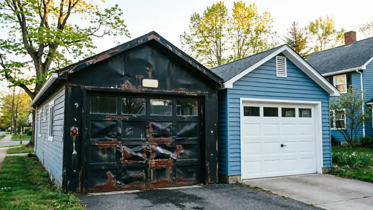 Two garages are side-by-side, one with a rusty black door and one with a white door.