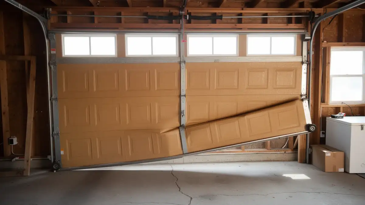 A tan garage door is bent and partially off its tracks inside a garage.