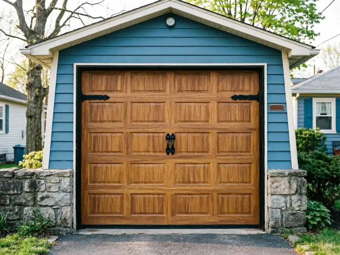 A wooden garage door with decorative hardware is set in a blue garage.